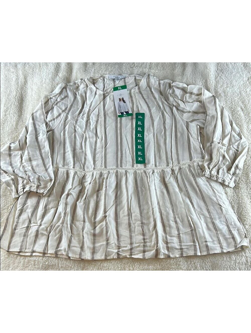 Fever Women's XL Ivory Boho Peasant Blouse Pintuck Crochet Trim Long Sleeve NWT